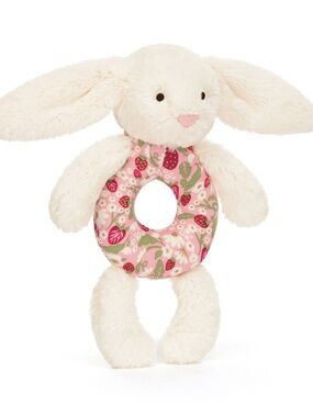 Baby Jellycat Blossom Cream Bunny Berry Ring Rattle Strawberry Floral Plush Toy